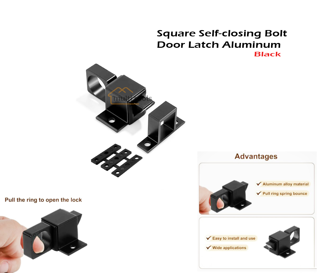 Square Self-Closing Bolt Door Latch Aluminum Black..